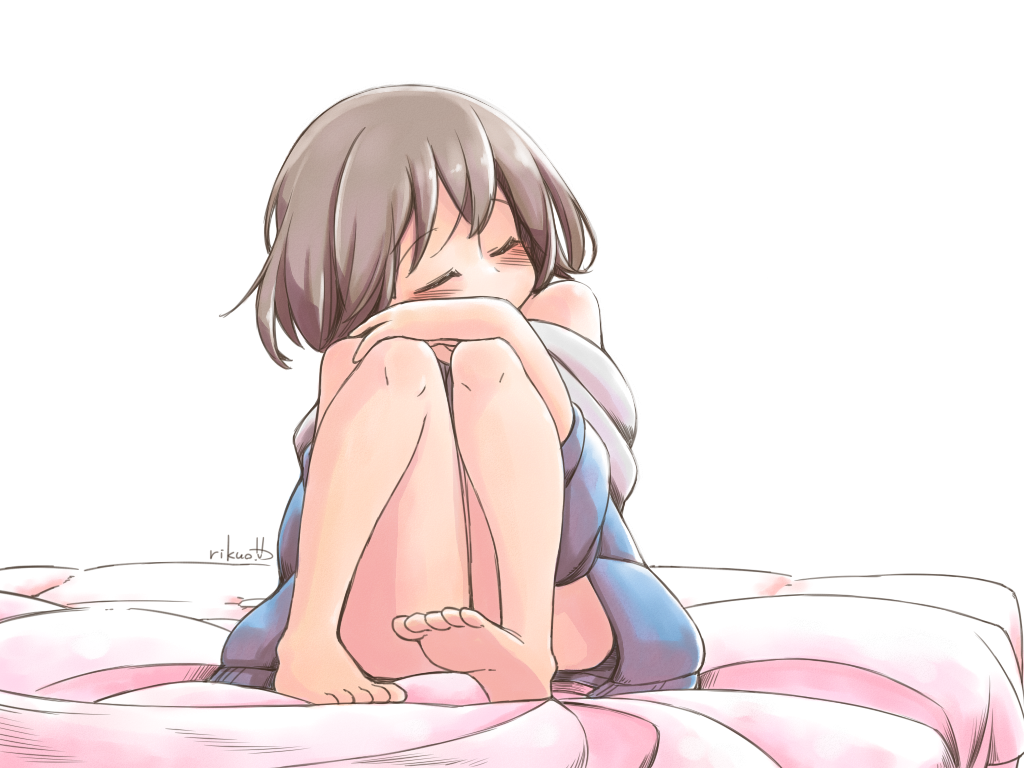 androgynous bangs bare_legs bare_shoulders barefoot bed_sheet blue_jacket blush brown_hair closed_eyes convenient_leg eyebrows eyebrows_visible_through_hair feet frisk_(undertale) full_body hand_on_own_knee hand_up hood hood_down hooded_jacket jacket legs long_sleeves off_shoulder orange_skin rikuo_(whace) short_hair signature simple_background sitting solo undertale white_background