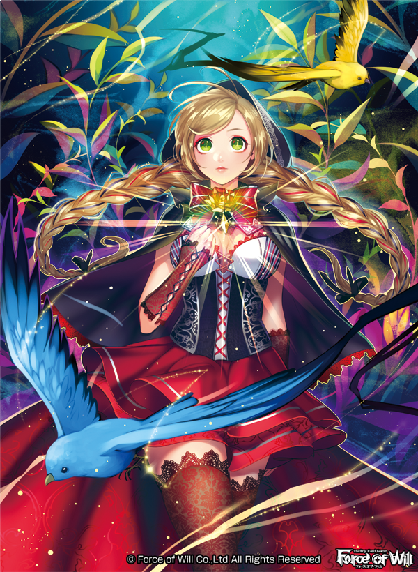 1girl bird blonde_hair bow bowtie breasts cape cleavage company_name feathered_wings flower force_of_will green_eyes hood leaf little_red_riding_hood_(force_of_will) long_hair matsurika_youko official_art rose sparkle thigh-highs wings