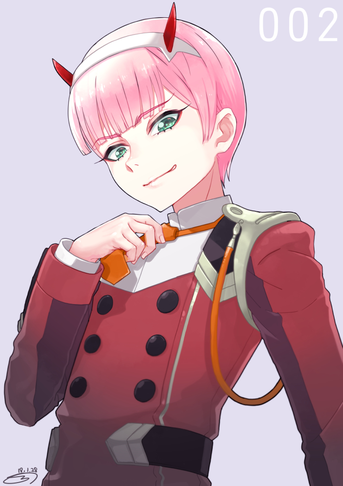 1boy bangs commentary_request darling_in_the_franxx eyebrows_visible_through_hair genderswap genderswap_(ftm) green_eyes hairband horns orange_neckwear pink_hair smirk ssalbaram tongue tongue_out uniform white_hairband zero_two_(darling_in_the_franxx)