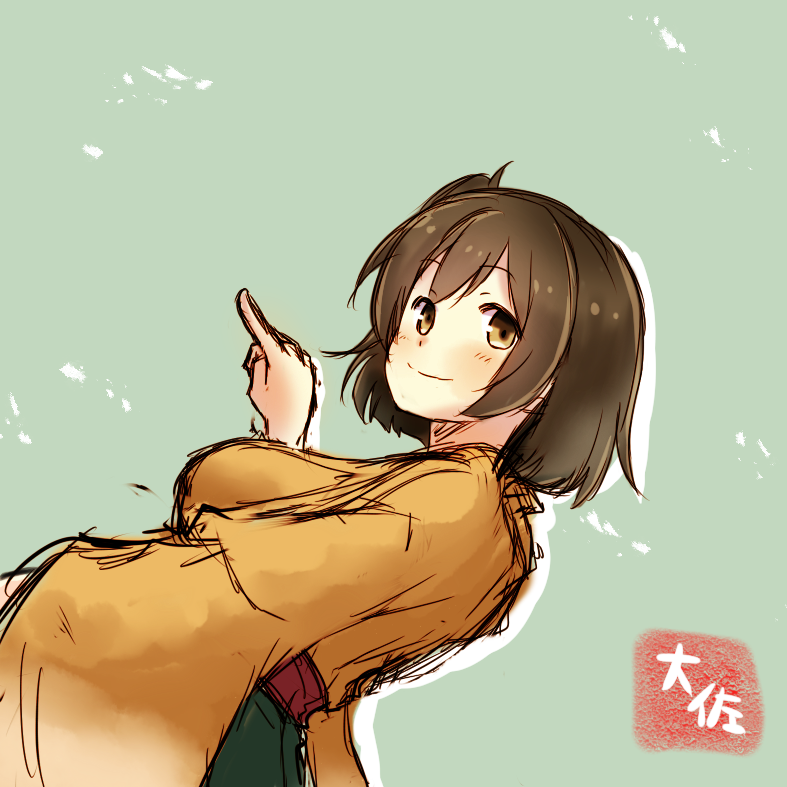 1girl artist_name blue_background breasts brown_eyes brown_hair dutch_angle from_side green_skirt hakama_skirt hiryuu_(kantai_collection) japanese_clothes kantai_collection large_breasts looking_at_viewer muneate one_side_up pointing pointing_forward short_hair simple_background skirt smile solo taisa_(kari) upper_body wide_sleeves