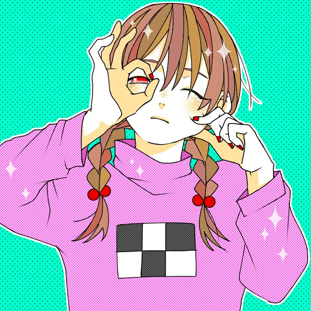 1girl bad_id bad_pixiv_id braid brown_hair cheek_pinching long_hair madotsuki nail_polish pinching pink_shirt red_eyes shirt solo sweater twin_braids twintails yume_nikki