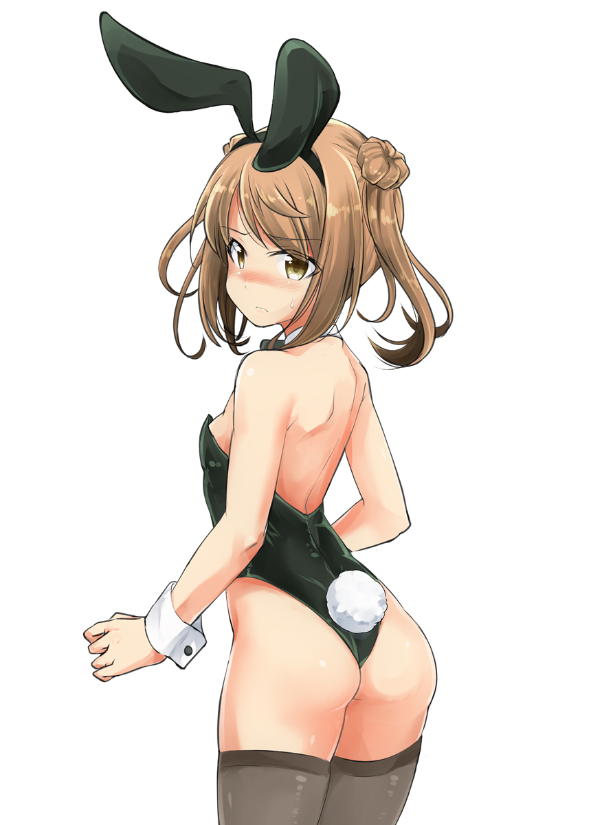 1girl animal_ears ass black_leotard black_neckwear bow bowtie brown_hair bunny_tail bunnysuit cowboy_shot detached_collar double_bun from_behind grey_legwear habara_meguru hair_bun highres kantai_collection leotard looking_back michishio_(kantai_collection) rabbit_ears short_twintails solo standing strapless strapless_leotard tail thigh-highs twintails wrist_cuffs