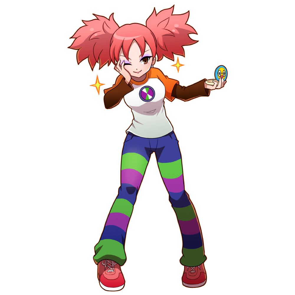 1girl breasts brown_eyes capcom eyeshadow full_body hand_on_own_cheek iroaya_madoi makeup mikan_(aquacomet) pants pink_hair rockman rockman_exe shirt shoes simple_background smile sneakers solo standing t-shirt white_background
