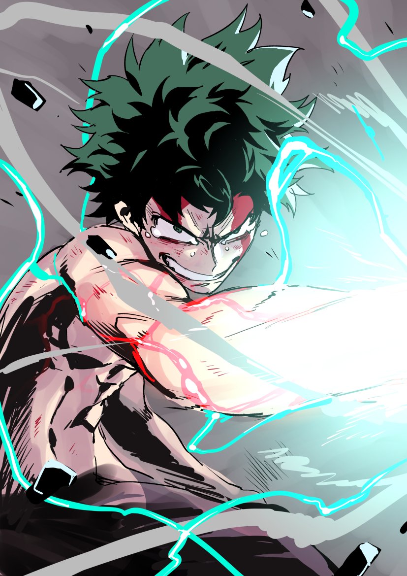 1boy angry blood blood_on_face boku_no_hero_academia clenched_teeth dust_cloud glowing glowing_hand glowing_veins green_eyes green_hair injury kyo-ani_love midoriya_izuku muscle short_hair solo sparks tears teeth topless wind