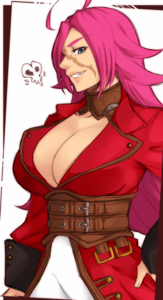 1girl ahoge blue_eyes breasts cleavage detached_collar fate/extra fate/grand_order fate_(series) francis_drake_(fate) green_eyes grin hand_on_hip huge_ahoge jacket large_breasts lips long_hair multiple_belts neko_majin no_bra pink_hair red_jacket scar sideways_mouth smile solo very_long_hair wrist_cuffs