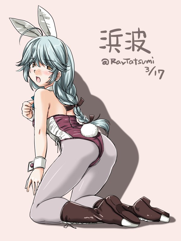 1girl adapted_costume ahoge animal_ears ass beige_background black_ribbon boots bow bowtie braid brown_eyes brown_footwear bunny_tail bunnysuit character_name cross-laced_footwear dated detached_collar from_behind grey_background grey_hair hair_over_eyes hair_ribbon hamanami_(kantai_collection) kantai_collection kneeling lace-up_boots leotard long_hair looking_at_viewer open_mouth pantyhose purple_leotard rabbit_ears ribbon shadow single_braid solo strapless strapless_leotard tail tatsumi_rei wrist_cuffs