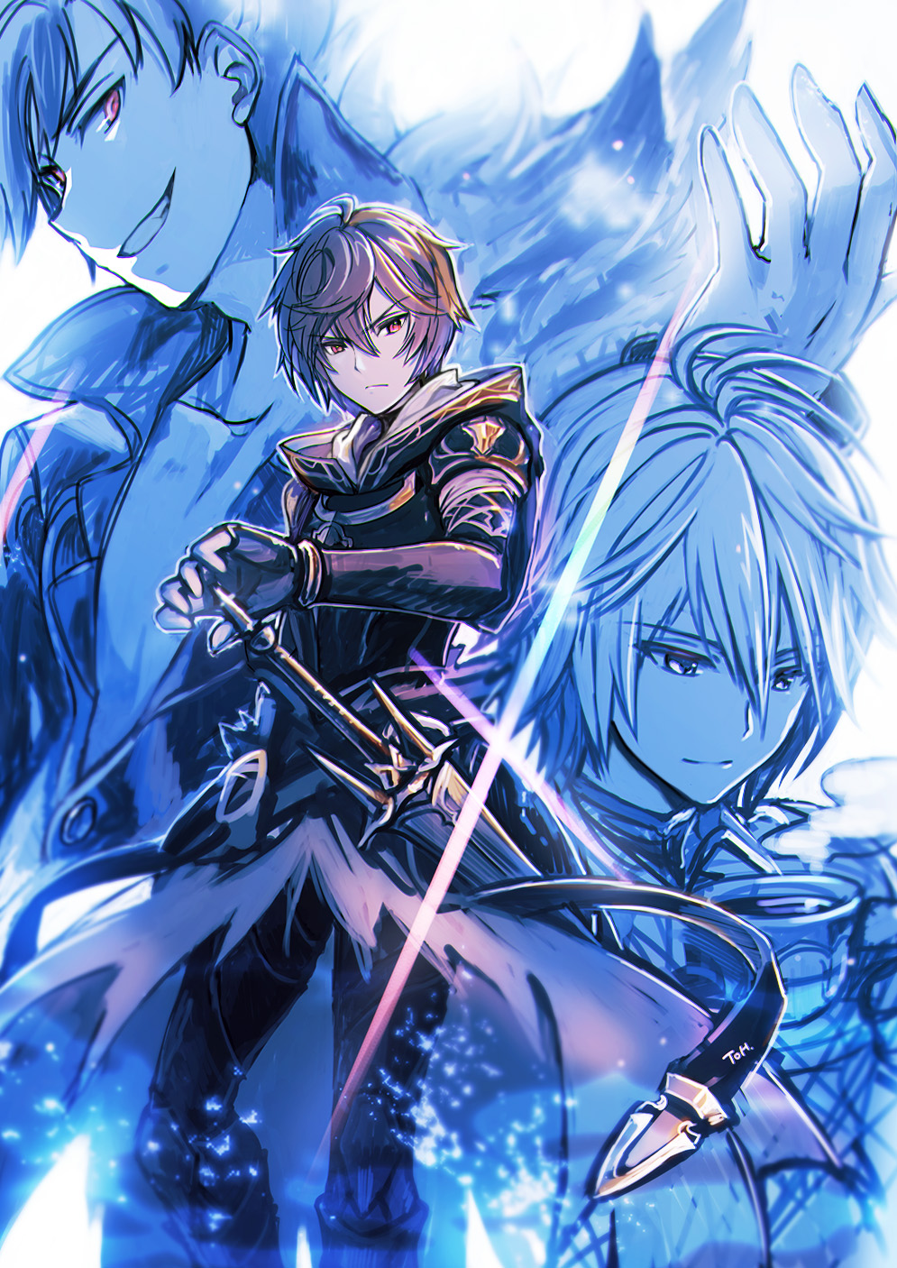 3boys armor belial_(granblue_fantasy) coffee coffee_cup fingerless_gloves gloves granblue_fantasy highres hood hood_down lucifer_(shingeki_no_bahamut) male_focus multiple_boys red_eyes ripodpotato sandalphon_(granblue_fantasy) short_hair smile sword weapon