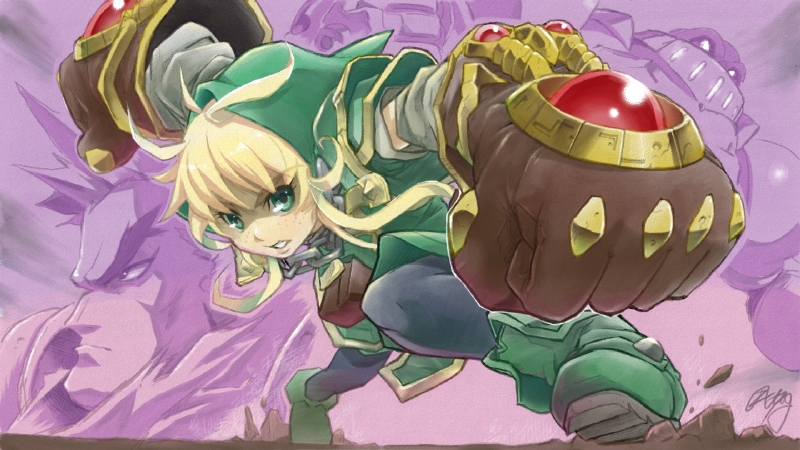 1girl bangs battle_chasers bent_knee black_legwear blonde_hair boots brown_gloves calibretto clenched_hands facing_away freckles garrison_(battle_chasers) gloves green_eyes green_footwear gully_(battle_chasers) hair_between_eyes hanabusa_(xztr3448) hood hood_up legs_apart long_hair pantyhose parted_lips sidelocks signature solo_focus