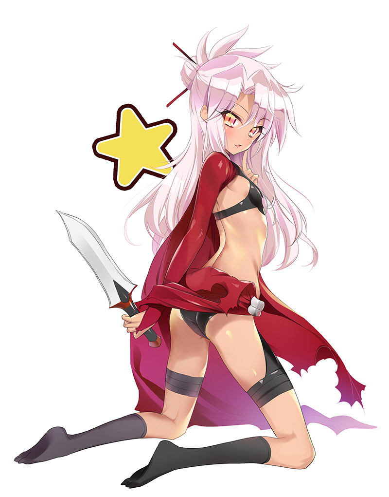 1girl ass bangs bikini black_bikini black_legwear blush breasts brown_eyes chloe_von_einzbern commentary_request dagger dark_skin eyebrows_visible_through_hair fate/kaleid_liner_prisma_illya fate_(series) hair_between_eyes hair_bun holding holding_dagger holding_weapon jacket kneehighs kneeling long_hair looking_at_viewer looking_to_the_side magical_girl no_shoes open_clothes open_jacket parted_lips red_jacket silver_hair small_breasts solo star swimsuit weapon white_background youta