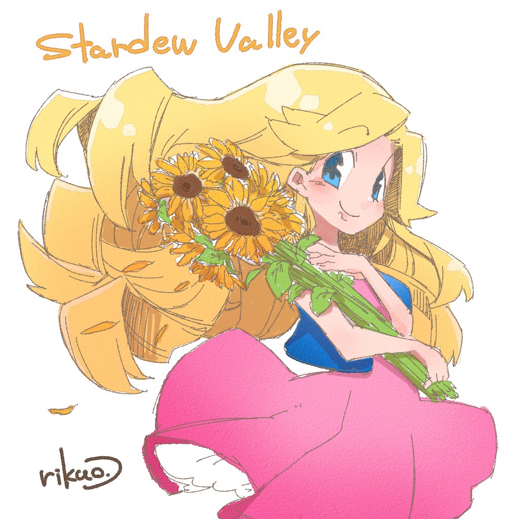 1girl bare_arms blonde_hair blue_eyes blue_vest blush closed_mouth copyright_name dress eyebrows eyebrows_visible_through_hair facing_away floating_hair flower haley_(stardew_valley) holding holding_flower long_hair open_clothes open_vest petals pink_dress rikuo_(whace) signature simple_background smile solo stardew_valley sunflower vest white_background yellow_flower