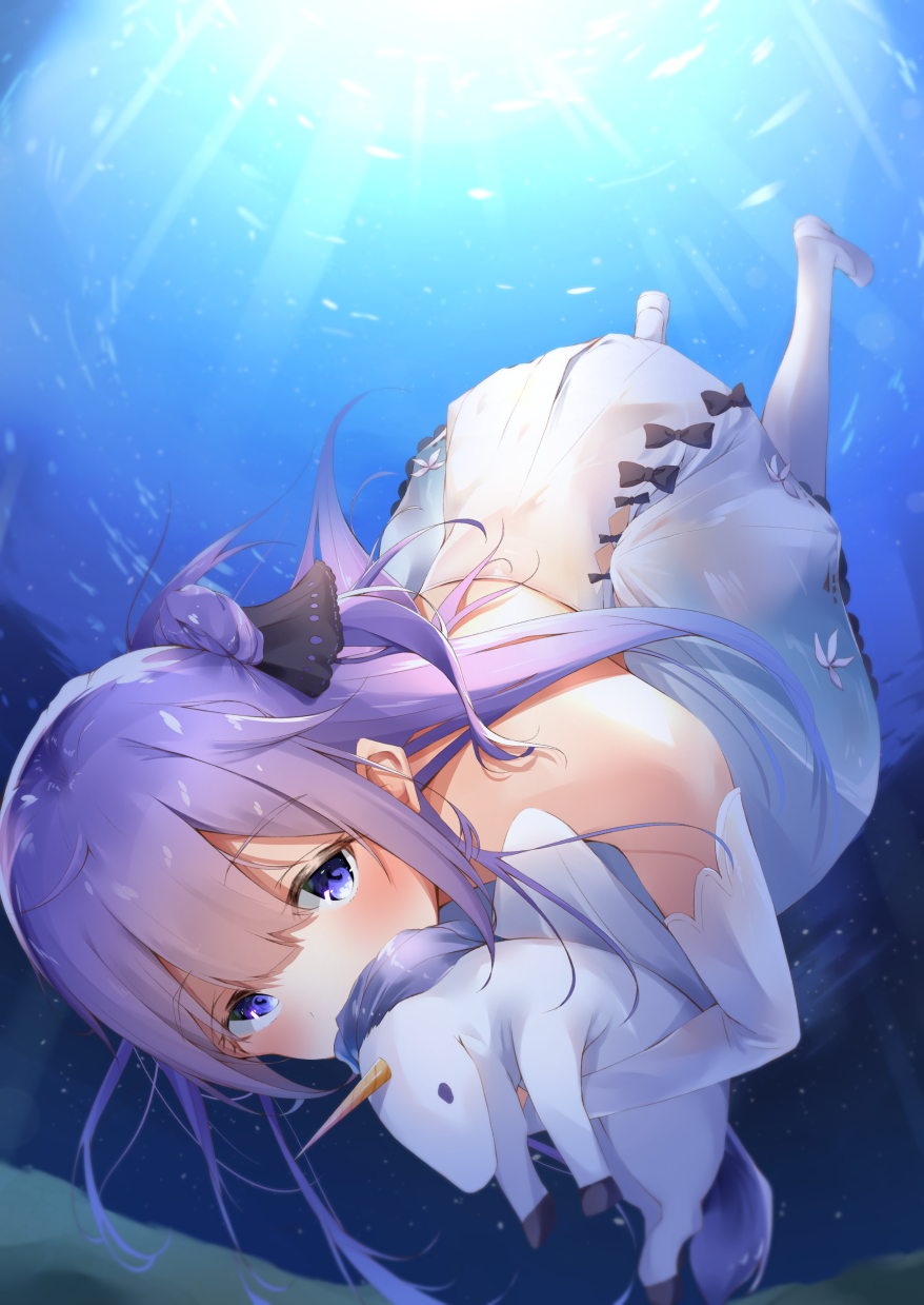 1girl azur_lane bangs black_bow black_ribbon bow doll_hug dress eyebrows_visible_through_hair floating_hair hair_bun highres light_rays long_hair object_hug one_side_up purple_hair ribbon side_bun solo stuffed_animal stuffed_pegasus stuffed_toy stuffed_unicorn sunlight tsukimineko underwater unicorn_(azur_lane) violet_eyes water white_dress white_legwear