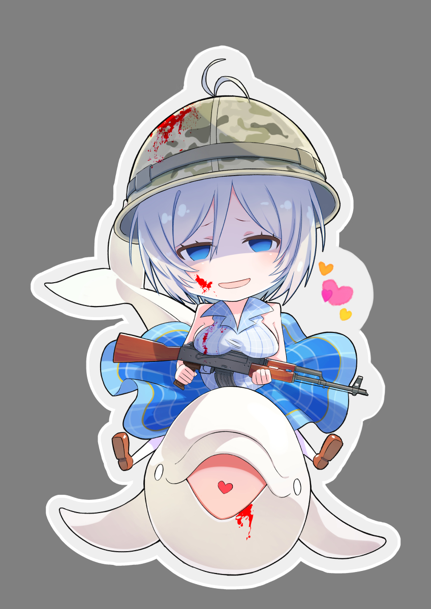 1girl ak-47 assault_rifle blood blood_on_face blue_eyes blush brat breast_rest breasts chibi dennou_shoujo_youtuber_shiro dolphin eyebrows_visible_through_hair gun heart highres holding holding_gun holding_weapon large_breasts looking_at_viewer rifle shiro_(dennou_shoujo_youtuber_shiro) silver_hair smile solo thigh-highs virtual_youtuber weapon white_legwear