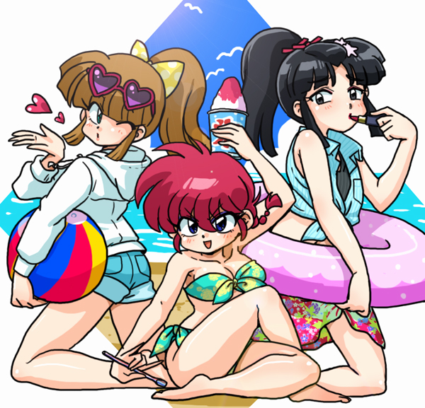 1girl 2boys bikini blown_kiss genderswap genderswap_(mtf) konatsu_(ranma) kurenai_tsubasa lipstick makeup multiple_boys ponytail ranma-chan ranma_1/2 saotome_ranma sarong shaved_ice shirt shorts swimsuit tied_shirt trait_connection trap wantan-orz