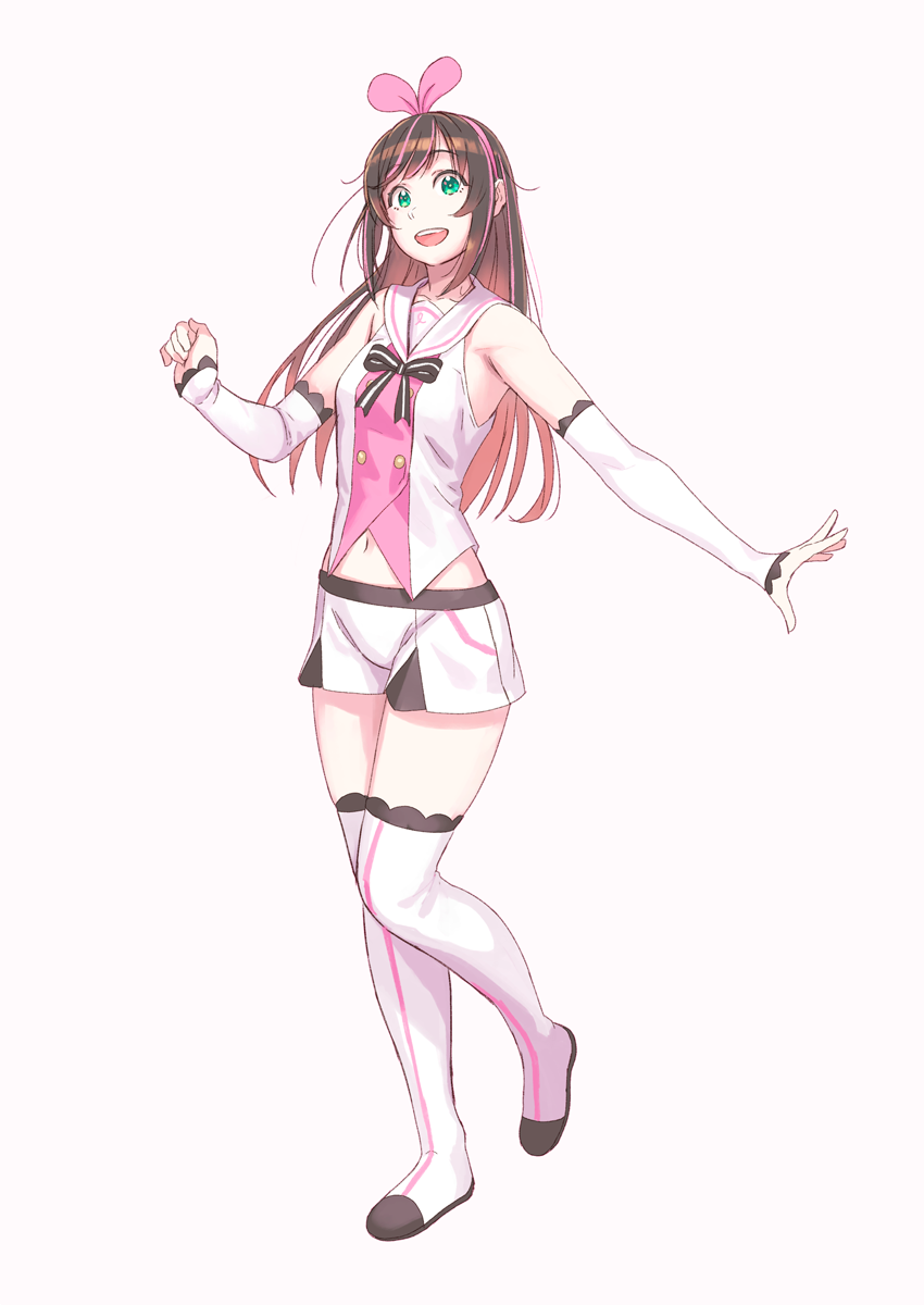 a.i._channel bow brown_hair hair_bow hairband highres kizuna_ai lace lace-trimmed_sleeves lace-trimmed_thighhighs multicolored_hair pink_bow pink_hair pink_hairband shirt shorts sleeveless sleeveless_shirt streaked_hair thigh-highs two-tone_hair virtual_youtuber white_shorts yuuji_(and)