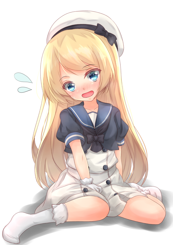 1girl ayamiyuki blonde_hair blue_eyes blue_sailor_collar dress flying_sweatdrops gloves hat jervis_(kantai_collection) kantai_collection long_hair looking_at_viewer open_mouth sailor_collar sailor_dress short_sleeves simple_background sitting solo wariza white_background white_dress white_gloves white_hat