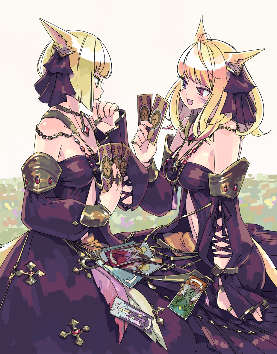 2girls animal_ears astrologian_(final_fantasy) bare_shoulders blonde_hair blue_eyes breasts cat_ears cat_tail cleavage detached_sleeves dress facial_mark fang final_fantasy final_fantasy_xiv hair_ornament highres hiyo_moo jewelry long_hair looking_at_another medium_breasts miqo'te multicolored_hair multiple_girls open_mouth pendant red_eyes ring short_hair sitting tail two-tone_hair