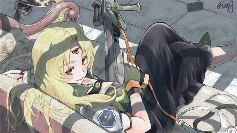 1girl black_skirt blonde_hair breasts brown_eyes closed_mouth couch extra_eyes eyebrows eyebrows_visible_through_hair eyelashes fingerless_gloves fingernails gloves green_footwear green_gloves gun hair_intakes hanabusa_(xztr3448) holding holding_gun holding_weapon legs_crossed lips long_hair long_skirt looking_back medium_breasts nail_polish opera_vectra pink_lips pink_nails shadow shoes short_sleeves signature sitting skirt smile solo star_ocean star_ocean_the_second_story third_eye trigger_discipline wavy_hair weapon