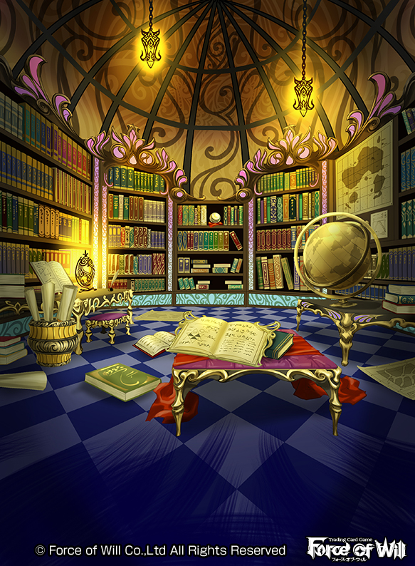 book company_name force_of_will lamp library map no_humans official_art scenery scroll ynagasaki