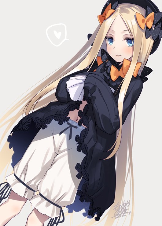 1girl abigail_williams_(fate/grand_order) bangs black_bow black_dress black_hat black_ribbon blonde_hair bloomers blue_eyes blush bow closed_mouth dated dress dress_lift dutch_angle fate/grand_order fate_(series) fedora feet_out_of_frame forehead grey_background hair_bow hat heart lifted_by_self long_hair long_sleeves looking_at_viewer motomiya_mitsuki navel orange_bow parted_bangs polka_dot polka_dot_bow puffy_long_sleeves puffy_sleeves ribbon shiny shiny_hair sidelocks signature simple_background sleeves_past_fingers smile solo speech_bubble spoken_heart standing straight_hair underwear very_long_hair white_bloomers