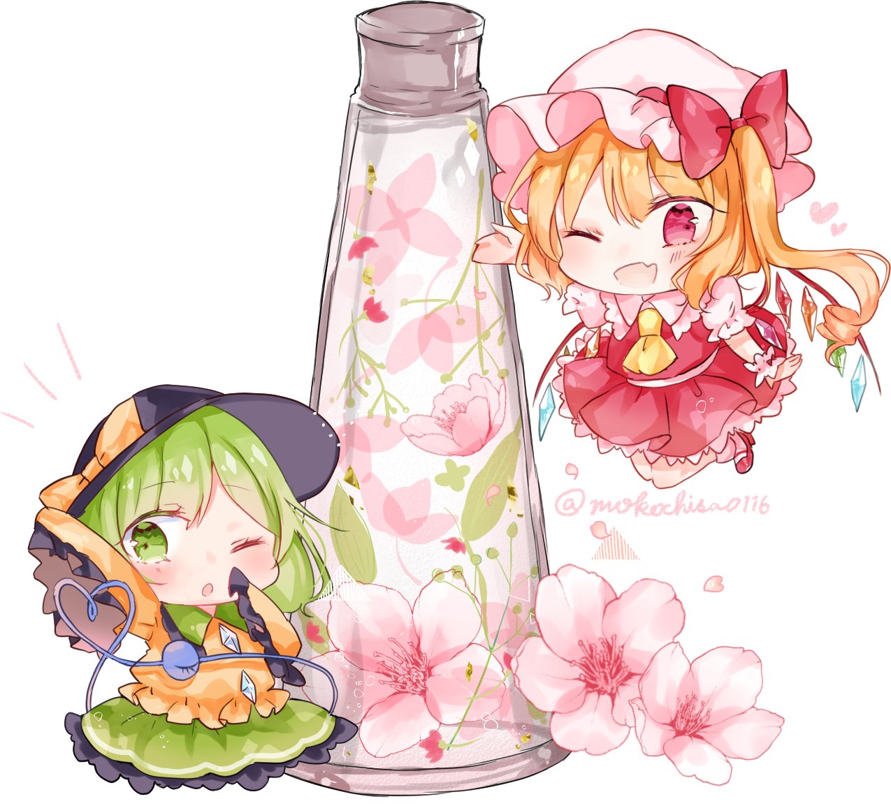 2girls ;d ;o ascot bent_knees black_hat blonde_hair blouse bottle bow chibi collared_blouse commentary_request diamond_(shape) eyebrows eyebrows_visible_through_hair eyelashes flandre_scarlet floating flower_request frilled_skirt frills gem green_eyes green_hair green_skirt hair_ribbon hat hat_bow heart heart_of_string knees_together komeiji_koishi leaf looking_at_viewer mary_janes medium_hair mob_cap moko_(3886397) multiple_girls one_eye_closed open_mouth orange_blouse orange_bow petals puffy_short_sleeves puffy_sleeves red_eyes red_footwear red_ribbon red_skirt red_vest ribbon shirt shoes short_sleeves side_ponytail simple_background skirt sleeves_past_fingers smile standing third_eye touhou triangle twitter_username vest white_background white_shirt wings wrist_cuffs yellow_neckwear