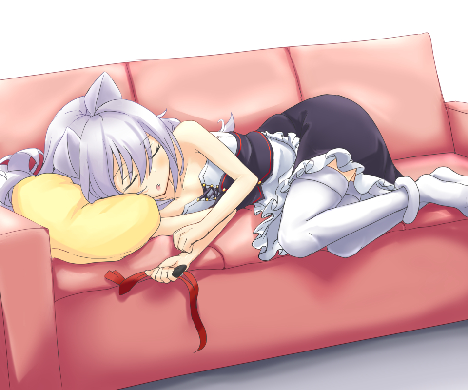 1girl :o animal_ears azur_lane bangs bare_arms bare_shoulders black_bow black_dress blush bow cat_ears cat_girl cat_tail closed_eyes commentary_request couch dress eyebrows_visible_through_hair fang hair_between_eyes hammann_(azur_lane) holding kemonomimi_mode long_hair lying no_shoes on_couch on_side parted_lips pillow red_ribbon remodel_(azur_lane) ribbon silver_hair sleeping solo tail thigh-highs white_background white_legwear yumemi_kusamochi