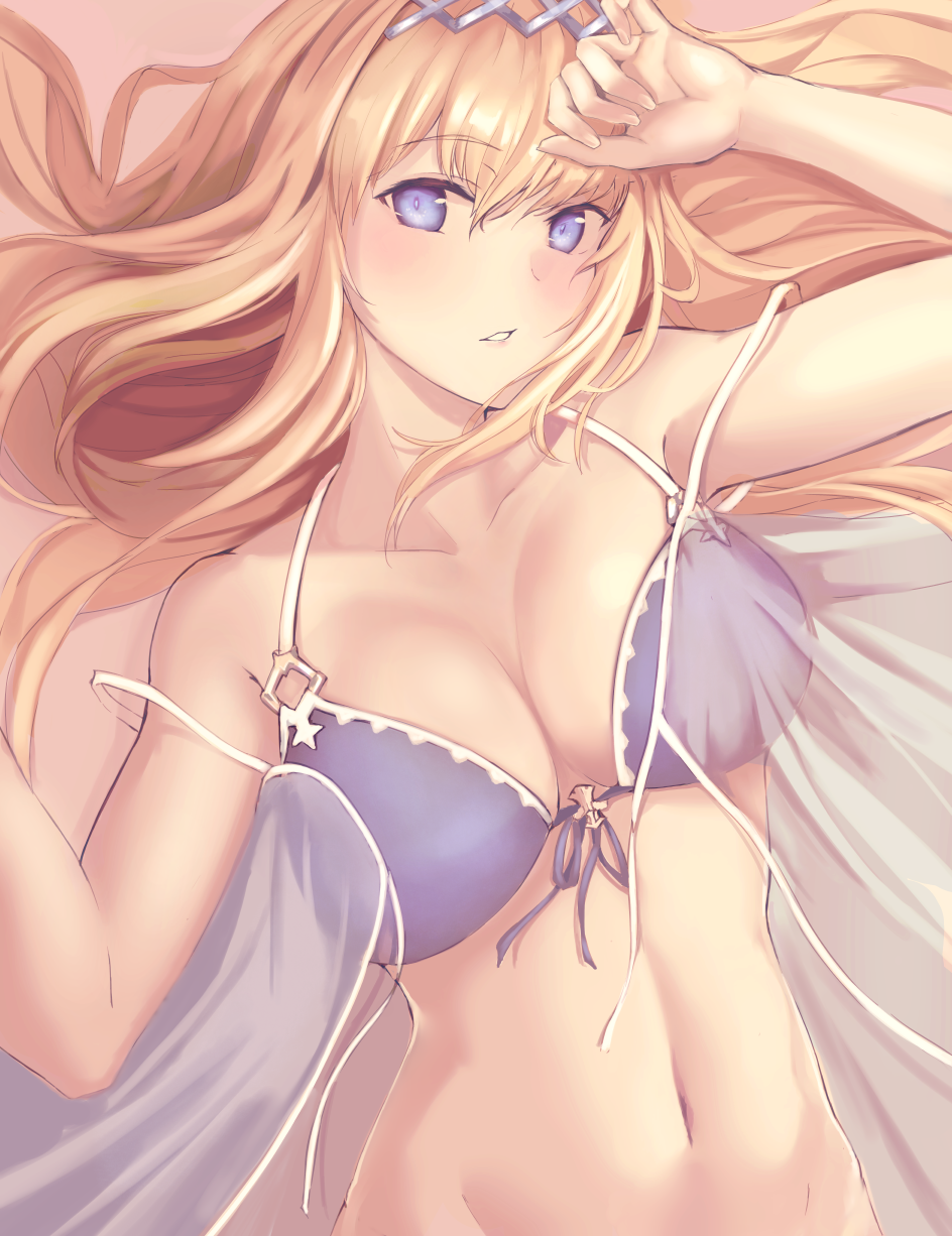 1girl bangs bare_shoulders bikini blonde_hair blue_eyes breasts cleavage collarbone eyebrows_visible_through_hair flower front-tie_bikini front-tie_top granblue_fantasy hair_between_eyes hair_flower hair_ornament hairband highres jeanne_d'arc_(granblue_fantasy) kisaragi_chiyuki large_breasts long_hair looking_at_viewer navel purple_bikini solo swimsuit upper_body