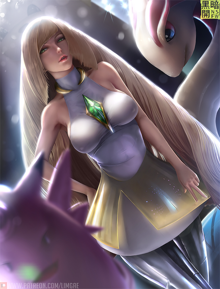 1girl armpits artist_name bare_arms bare_shoulders between_breasts blonde_hair blurry blurry_background breasts clefable depth_of_field dress dutch_angle emerald erect_nipples gem gen_1_pokemon gen_3_pokemon green_eyes hand_on_hip large_breasts layered_dress leggings lens_flare light_smile limgae lips long_hair looking_at_viewer lusamine_(pokemon) milotic parted_lips pokemon pokemon_(creature) pokemon_(game) shiny shiny_clothes sleeveless sleeveless_dress standing v very_long_hair watermark web_address white_dress