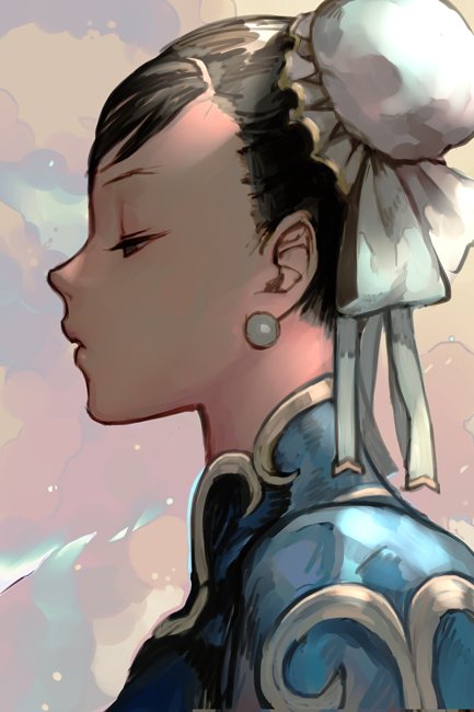 1girl bun_cover china_dress chinese_clothes chun-li close-up dress earrings face from_side half-closed_eyes hankuri jewelry looking_to_the_side portrait profile solo street_fighter