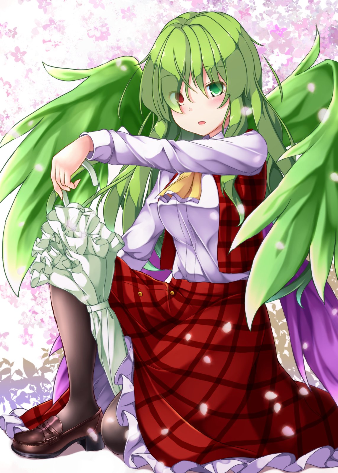 1girl aka_tawashi ascot black_legwear blush breasts brown_footwear commentary_request eyebrows_visible_through_hair feathered_wings floral_background flower green_eyes green_hair green_wings heterochromia highres kazami_yuuka kazami_yuuka_(pc-98) long_hair long_sleeves looking_at_viewer medium_breasts one_knee pantyhose parted_lips petals petticoat pink_flower plaid plaid_skirt plaid_vest red_eyes red_skirt red_vest shirt shoes skirt solo touhou touhou_(pc-98) umbrella vest white_shirt wings yellow_neckwear