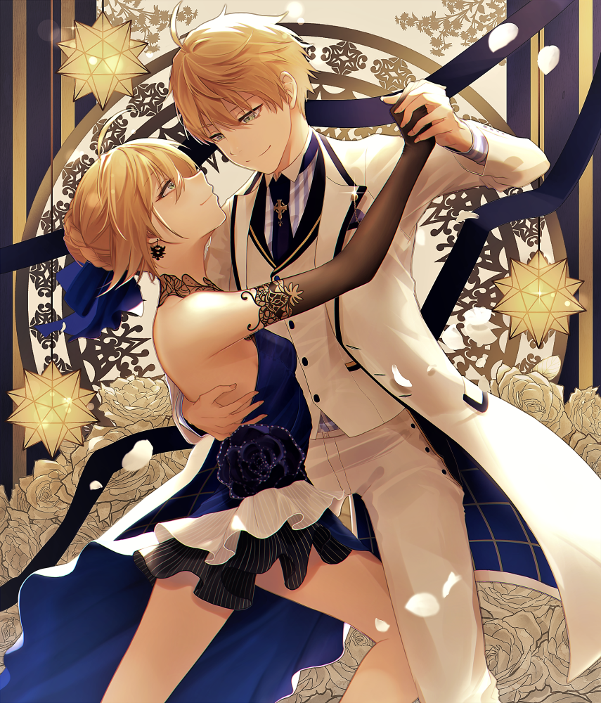 1boy 1girl ahoge artoria_pendragon_(all) bangs bare_shoulders black_gloves blonde_hair blue_dress braid cross dress elbow_gloves eye_contact eyebrows_visible_through_hair fate/grand_order fate/prototype fate/prototype:_fragments_of_blue_and_silver fate_(series) formal french_braid gloves green_eyes hair_between_eyes hair_ribbon jacket koruta_(nekoimo) latin_cross looking_at_another necktie ribbon saber saber_(fate/prototype) shirt short_hair sleeveless sleeveless_dress smile striped striped_shirt suit waistcoat