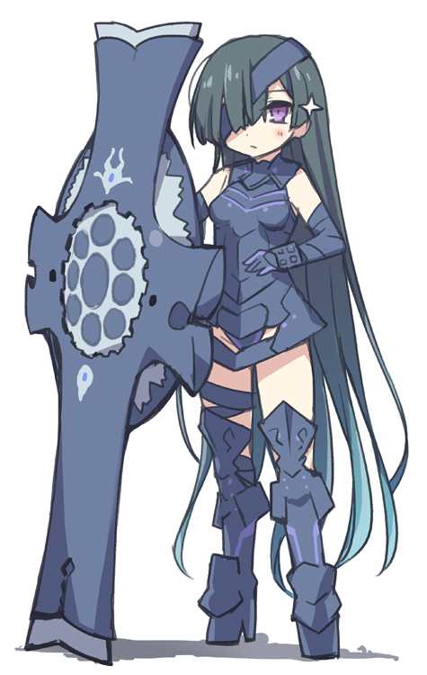 1girl armor armored_boots armored_dress bare_shoulders black_footwear black_hair black_legwear blue_hair blush boots cosplay eyepatch fate/grand_order fate_(series) gauntlets gradient_hair hair_over_one_eye holding_shield long_hair looking_at_viewer mash_kyrielight mash_kyrielight_(cosplay) mochizuki_chiyome_(fate/grand_order) multicolored_hair shield solo standing stroma very_long_hair white_background