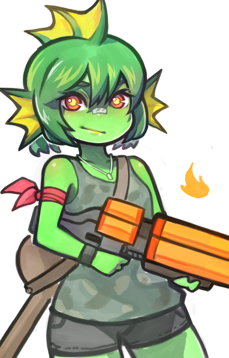 1girl blush closed_mouth collarbone dog_tags eyebrows fish green_hair green_skin gun holding holding_gun holding_weapon looking_at_viewer nuclear_throne red_eyes short_hair smile solo wahae weapon