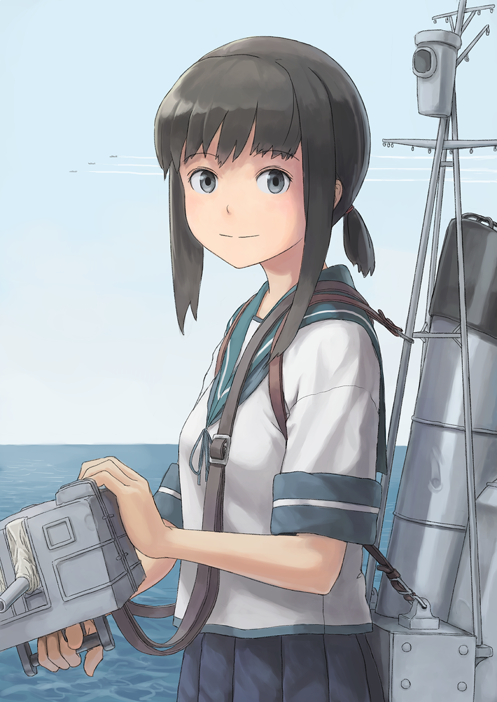 1girl black_eyes black_hair blue_skirt blue_sky breasts cannon commentary eyebrows_visible_through_hair fubuki_(kantai_collection) highres holding holding_weapon kantai_collection looking_at_viewer low_ponytail machinery ocean pleated_skirt school_uniform serafuku short_hair short_ponytail sidelocks skirt sky small_breasts smile solo taruya turret upper_body weapon