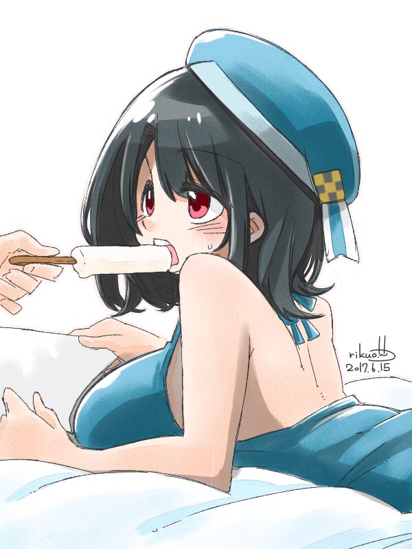 1girl 2017 back backless_outfit bangs bare_arms bare_back bare_shoulders bed_sheet beret black_hair blue_hat blush breasts dated eyebrows eyebrows_visible_through_hair feeding food hair_between_eyes hat holding holding_paper kantai_collection large_breasts long_hair lying on_stomach open_mouth paper pink_eyes popsicle rikuo_(whace) signature simple_background solo_focus sweatdrop takao_(kantai_collection) teeth white_background