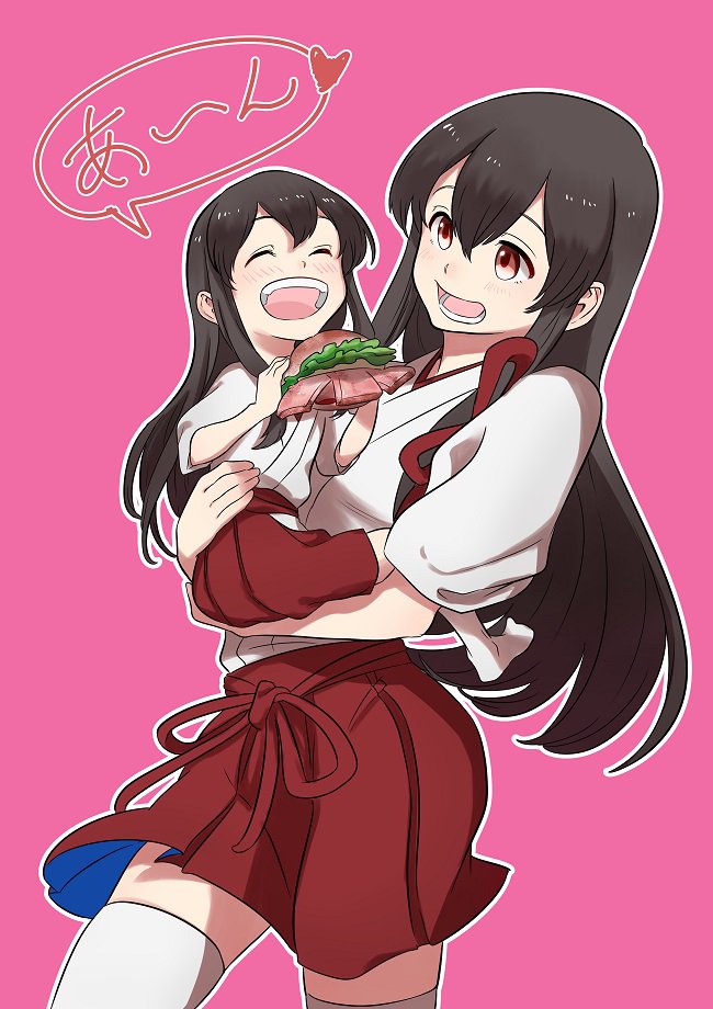 2girls :d ^_^ ^o^ akagi_(kantai_collection) black_hair brown_eyes closed_eyes dual_persona food hair_between_eyes hakama hakama_skirt hamburger heart holding holding_food japanese_clothes kantai_collection long_hair multiple_girls open_mouth pink_background red_hakama simple_background smile tachikoma_(mousou_teikoku) tasuki thigh-highs white_legwear