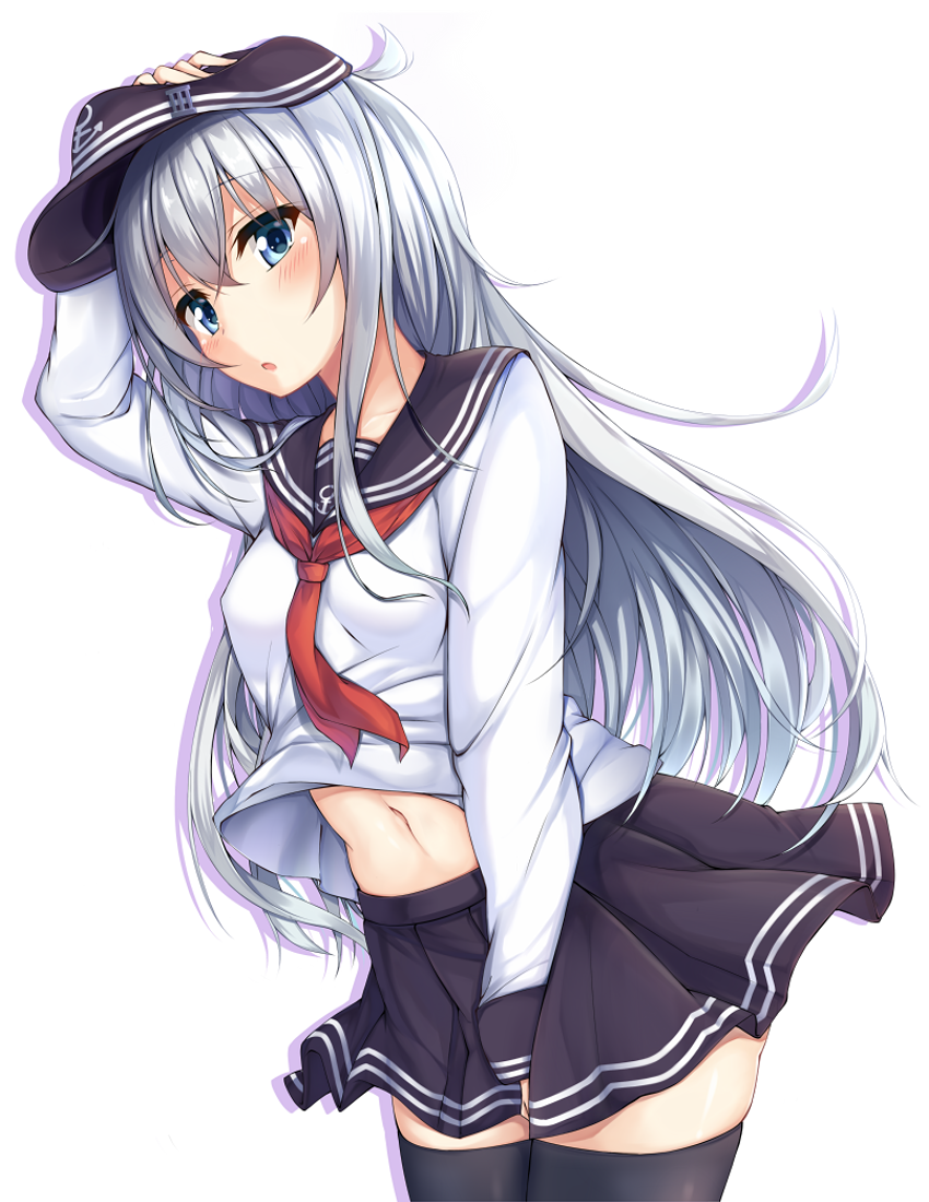 1girl anchor_symbol bangs black_legwear blue_eyes blush breasts collarbone eyebrows_visible_through_hair eyes_visible_through_hair flat_cap fukiaki hand_on_headwear hat hibiki_(kantai_collection) kantai_collection long_hair long_sleeves looking_at_viewer navel neckerchief open_mouth pleated_skirt red_neckwear sailor_collar school_uniform serafuku sidelocks silver_hair simple_background skirt skirt_tug small_breasts solo stomach thigh-highs thighs white_background wind wind_lift zettai_ryouiki