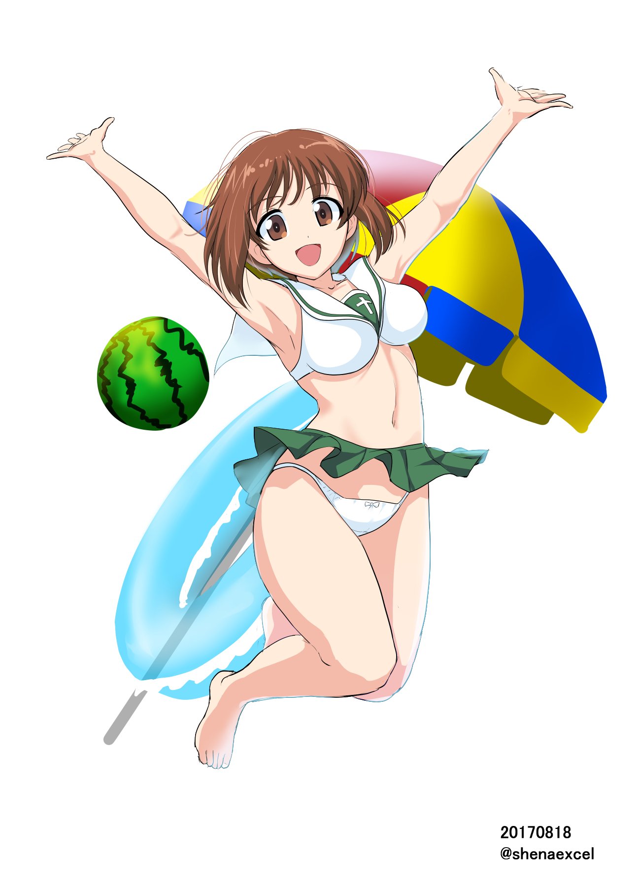 1girl :d adapted_costume arms_up bangs barefoot beach_umbrella bow bow_panties bra brown_eyes brown_hair commentary crotch_seam dated excel_(shena) eyebrows_visible_through_hair food fruit full_body girls_und_panzer green_skirt highres innertube jumping looking_at_viewer microskirt navel nishizumi_miho ooarai_school_uniform open_mouth outstretched_arms panties pleated_skirt sailor_collar school_uniform short_hair simple_background skirt smile solo spread_arms string_panties twitter_username umbrella underwear underwear_only watermelon white_background white_bra white_panties