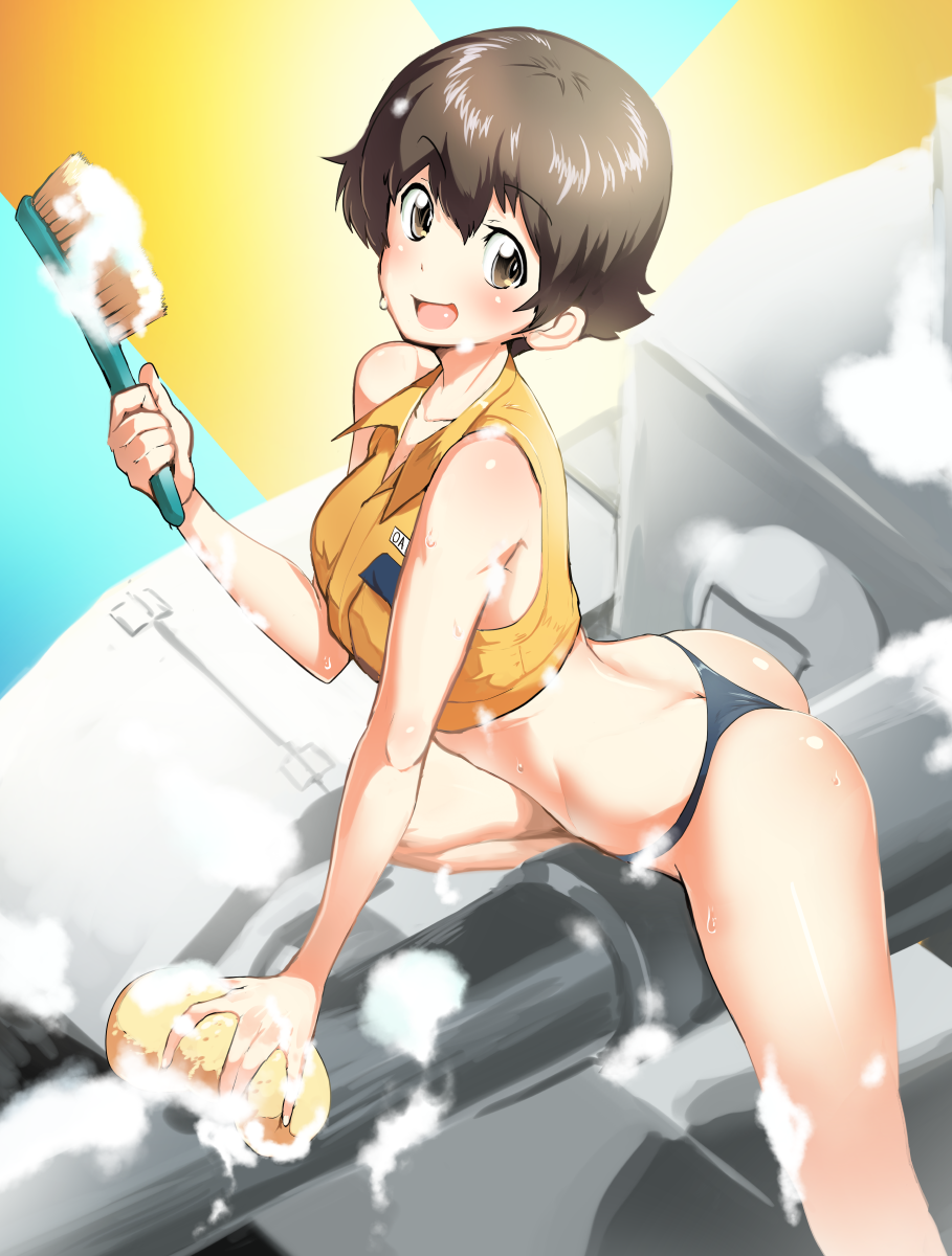 1girl :d ass bangs bare_arms bare_shoulders bikini_bottom black_bikini_bottom blue_background blush breast_pocket brown_eyes brown_hair brush butt_crack cleaning cleaning_brush collarbone collared_vest commentary_request crop_top cropped_vest eyebrows_visible_through_hair from_above girls_und_panzer ground_vehicle hair_between_eyes highres holding looking_at_viewer mechanic military military_vehicle motor_vehicle nakajima_(girls_und_panzer) open_mouth pocket sasaki_tatsuya shiny shiny_hair shiny_skin short_hair smile soap solo sponge straddling tank two-tone_background vest wet yellow_background yellow_vest