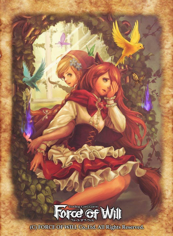 2girls animal_ears apron back-to-back blonde_hair braid butterfly company_name fire flower force_of_will green_eyes hair_flower hair_ornament hood leaf little_red_riding_hood_(force_of_will) long_hair mirror multiple_girls nyarlathotep_(force_of_will) official_art open_mouth sitting twin_braids wolf_ears