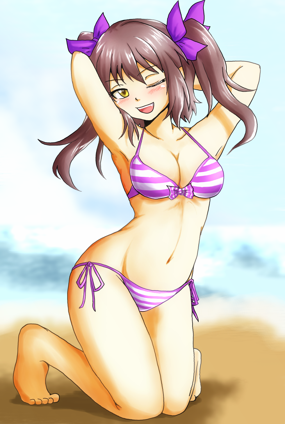 1girl armpits arms_behind_head bikini blush bow brown_hair d-m_(dii_emu) fang green_eyes hair_bow hair_ribbon highres himekaidou_hatate kneeling navel one_eye_closed open_mouth panties purple_ribbon ribbon side-tie_bikini side-tie_panties striped striped_bikini swimsuit tears touhou twintails underwear