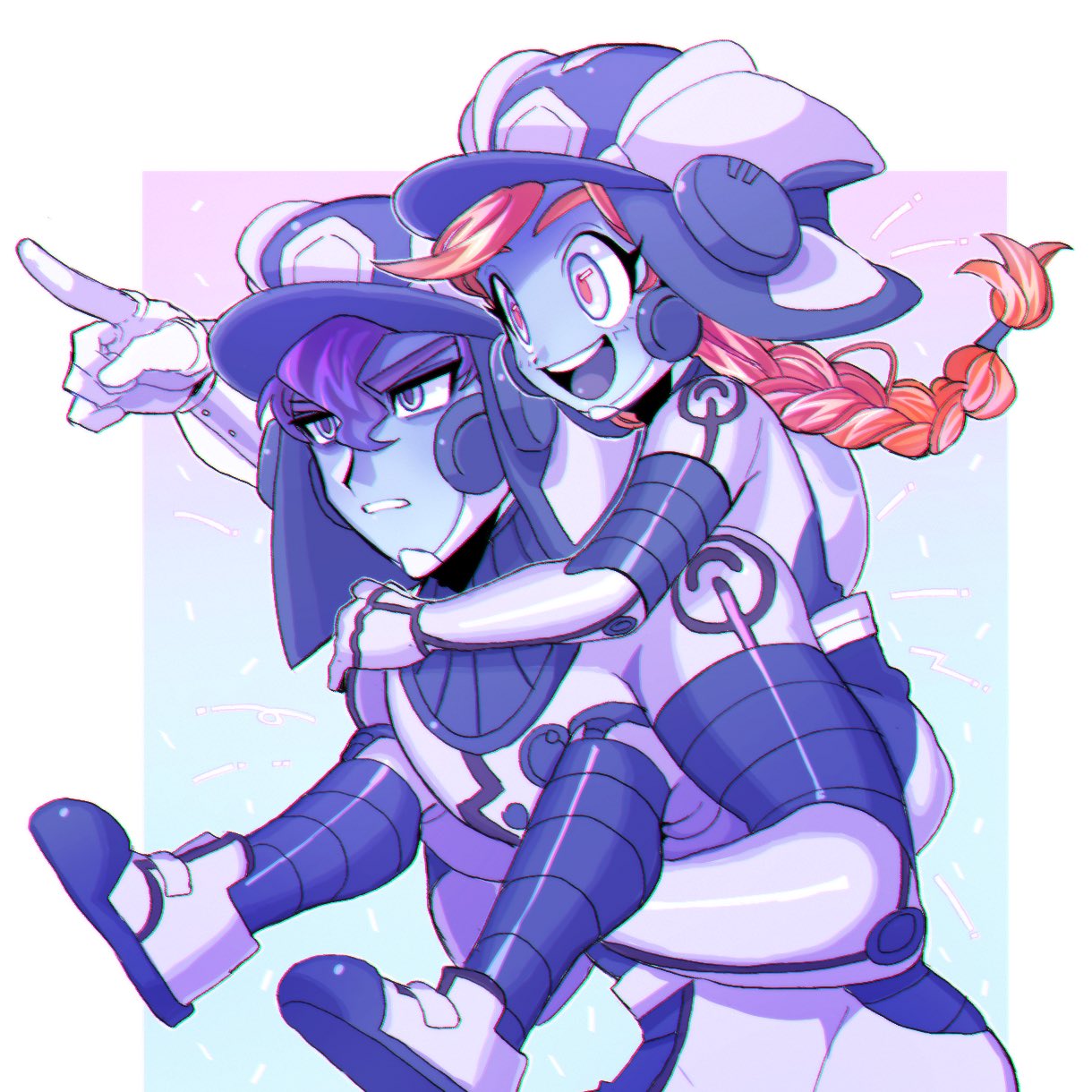 1boy 1girl 9x9_81 amamo_(pokemon) blue_skin bodysuit braid carrying dulse_(pokemon) helmet highres long_hair open_mouth orange_hair piggyback pointing pokemon pokemon_(game) pokemon_usum purple_hair single_braid ultra_recon_squad_uniform