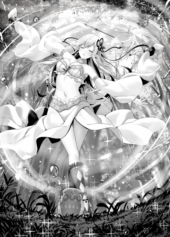 1girl arm_up bare_shoulders braid closed_eyes detached_sleeves elf full_body grass greyscale hair_ornament long_hair magic monochrome monster_factory navel official_art pointy_ears pot solo sparkle wand wide_sleeves yano_mitsuki