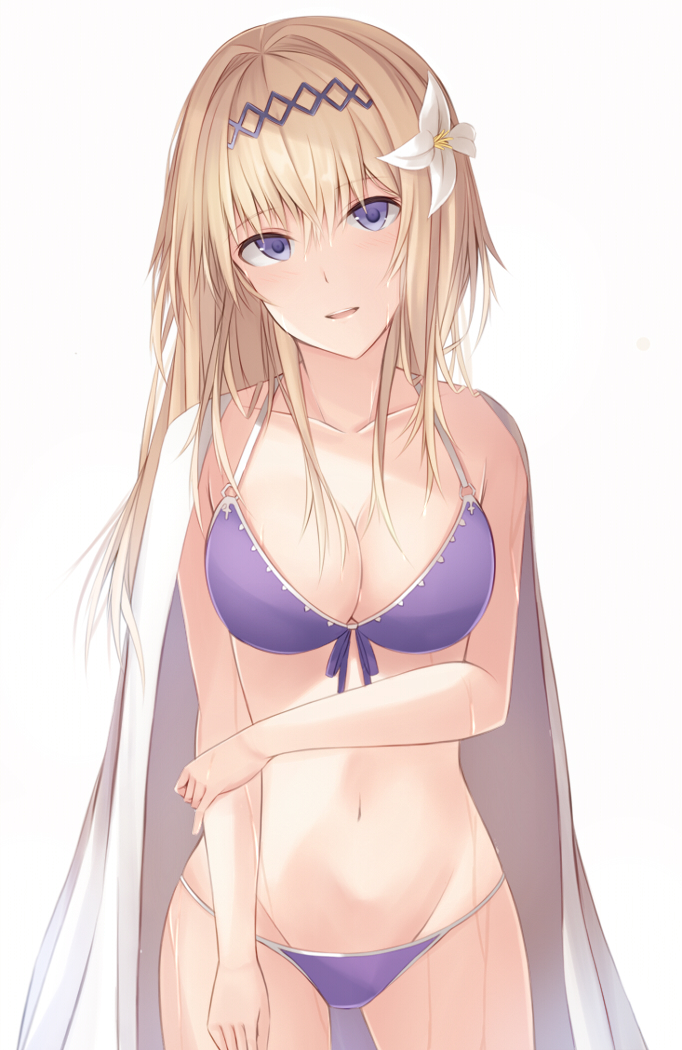 1girl bikini blonde_hair blue_bikini blue_eyes breasts cleavage flower granblue_fantasy hair_flower hair_ornament hairband jeanne_d'arc_(granblue_fantasy) kanpyou_(hghgkenfany) long_hair looking_at_viewer medium_breasts navel parted_lips simple_background smile solo swimsuit towel white_background