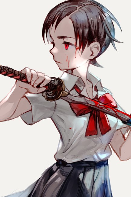 1girl bangs bent_elbows blood blood+ grey_skirt hankuri looking_away red_eyes saya shirt short_hair short_sleeves simple_background skirt solo sword weapon white_background white_shirt