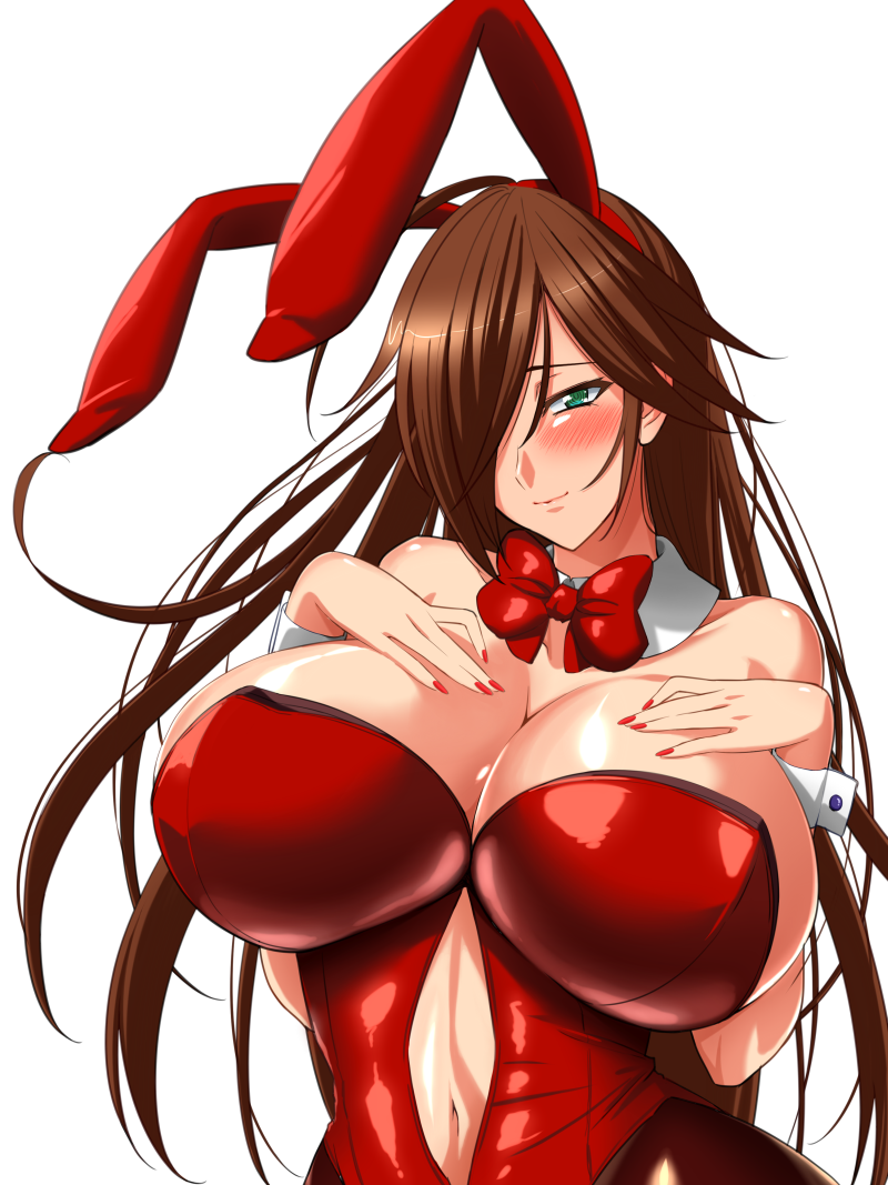 1girl animal_ears blush breasts brown_hair bunnysuit cleavage commentary_request cowboy_shot detached_collar detached_sleeves fake_animal_ears green_eyes hair_over_one_eye hand_on_own_chest huge_breasts long_hair looking_at_viewer nail_polish navel nyx queen's_blade rabbit_ears shiny shiny_hair shiny_skin simple_background smile stomach tamezou white_background