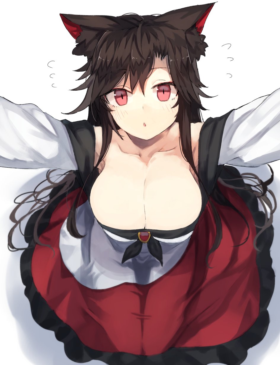 1girl animal_ears armpit_peek bare_shoulders blush breasts brooch brown_hair cleavage collarbone commentary_request dress eyebrows_visible_through_hair flying_sweatdrops from_above highres imaizumi_kagerou jewelry kasuka_(kusuki) large_breasts long_hair looking_at_viewer looking_up off-shoulder_dress off_shoulder outstretched_arms parted_lips red_eyes seiza shadow simple_background sitting solo touhou very_long_hair white_background wolf_ears