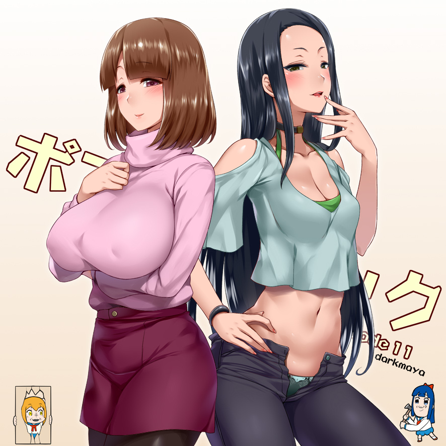 4girls american_psycho aya_(poptepipic) bangs black_hair blush breasts brown_hair cleavage collar darkmaya erect_nipples large_breasts long_hair long_sleeves looking_at_viewer medium_breasts multiple_girls navel open_mouth panties pantyhose pipimi poptepipic popuko reina_(poptepipic) short_hair simple_background smile standing sweater the_shining turtleneck turtleneck_sweater underwear