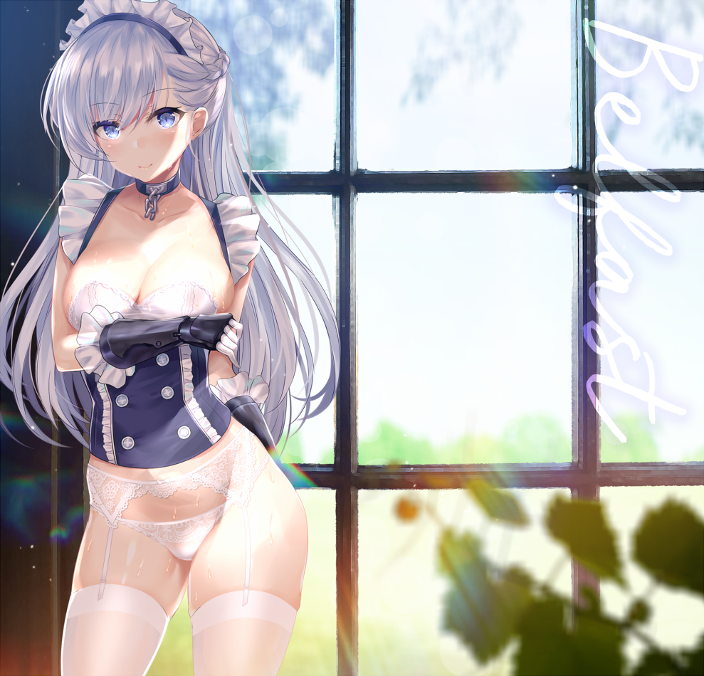 1girl arm_across_chest azur_lane bangs belfast_(azur_lane) blue_eyes blush braid breasts chains character_name cleavage collar collarbone corset cowboy_shot double-breasted ero_waifu eyebrows_visible_through_hair french_braid frills garter_straps gauntlets gloves hair_between_eyes indoors lace lace-trimmed_panties large_breasts lingerie long_hair looking_at_viewer maid maid_headdress panties shiny shiny_skin sidelocks silver_hair skindentation smile solo standing sunlight sweat sweating thigh-highs thighs underwear white_gloves white_legwear white_panties window