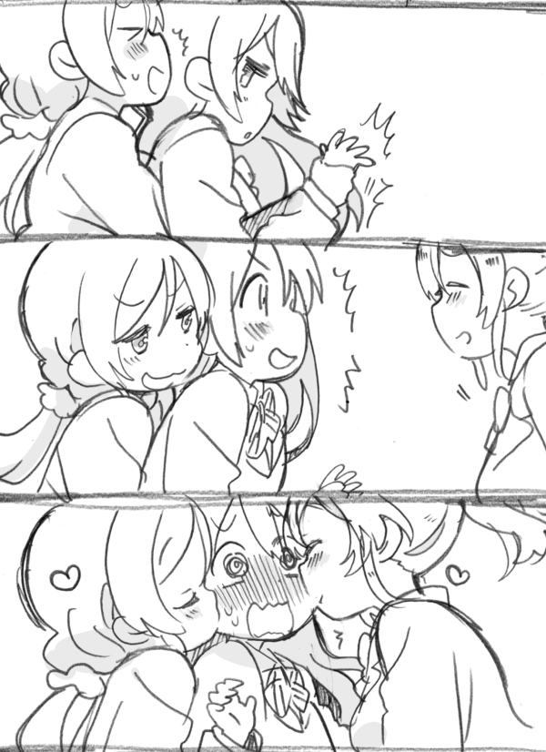 &gt;_&lt; 3girls @_@ ayase_eli blush comic graphite_(medium) greyscale heart hug hug_from_behind long_hair love_live! love_live!_school_idol_project low-tied_long_hair mezashi_(mezamashi_set) monochrome multiple_girls otonokizaka_school_uniform ponytail silent_comic sonoda_umi toujou_nozomi traditional_media upper_body white_background yuri