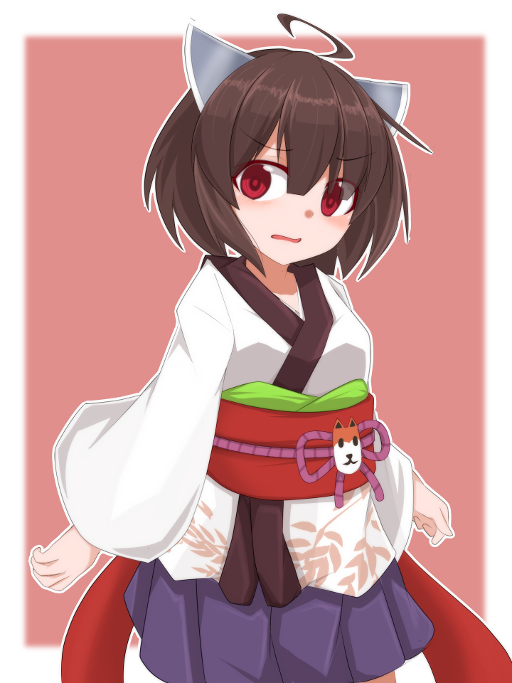 1girl ahoge ao_(aoblueao) bangs blue_skirt blush brown_hair eyebrows_visible_through_hair hair_between_eyes headgear japanese_clothes kimono long_sleeves looking_at_viewer nose_blush obi parted_lips pleated_skirt print_kimono red_eyes sash short_hair short_kimono skirt solo touhoku_kiritan voiceroid white_kimono wide_sleeves